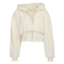 Load image into Gallery viewer, Hooded cream faux fur cropped jacket