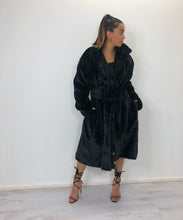 Load image into Gallery viewer, Black oversized faux fur longline coat with large buckle
