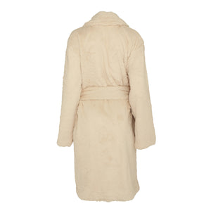 Faux fur longline oversized coat with large buckle in Creme Caramel
