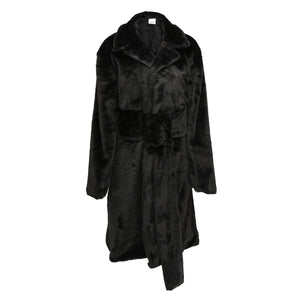 Black oversized faux fur longline coat with large buckle