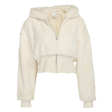Load image into Gallery viewer, Hooded cream faux fur cropped jacket
